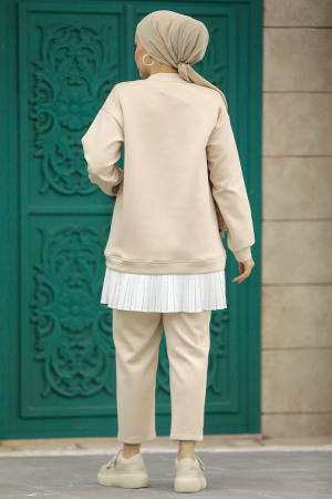Neva Style - Cep Detaylı Bej Tesettür İkili Takım 7108BEJ - 3