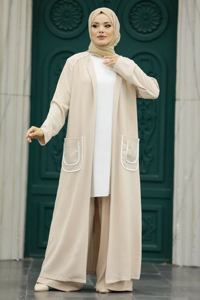  Cep Detaylı Bej Tesettür Kimono Üçlü Takım 80101BEJ - 3