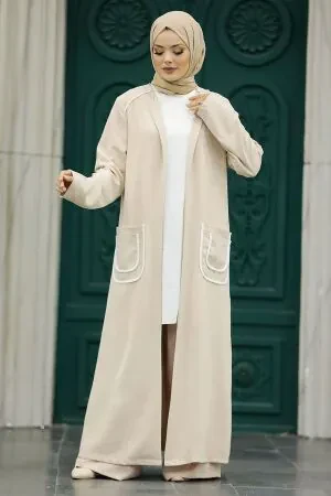  Cep Detaylı Bej Tesettür Kimono Üçlü Takım 80101BEJ - 1