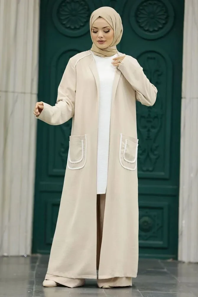  Cep Detaylı Bej Tesettür Kimono Üçlü Takım 80101BEJ - 1