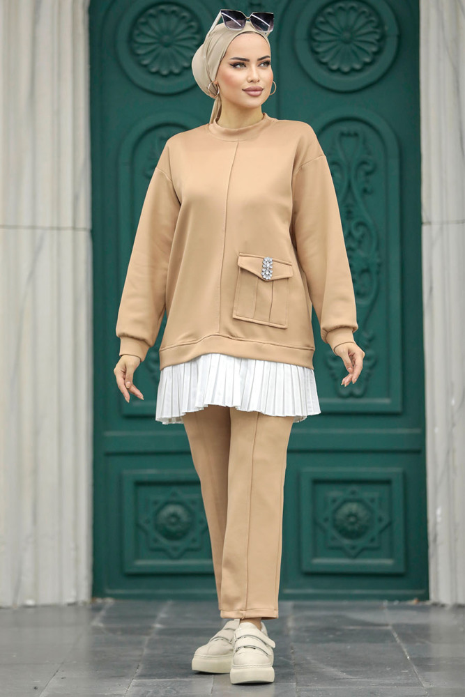 Neva Style - Cep Detaylı Bisküvi Tesettür İkili Takım 7108BS - 1