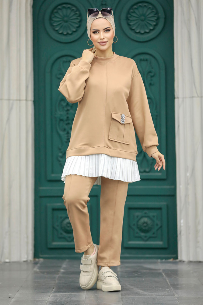 Neva Style - Cep Detaylı Bisküvi Tesettür İkili Takım 7108BS - 2