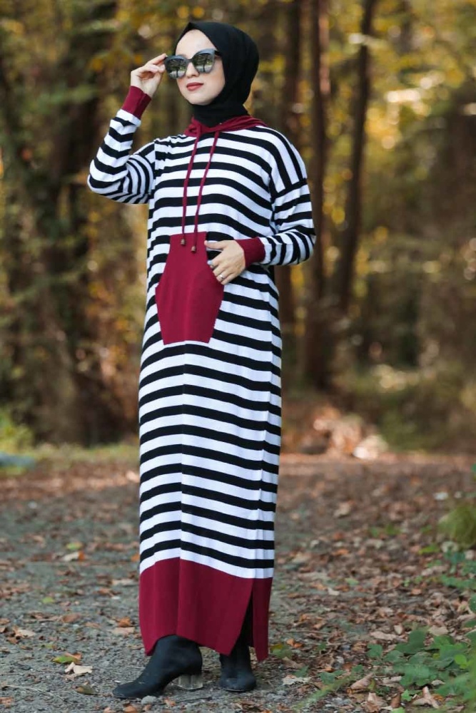 Neva Style - Cep Detaylı Bordo Tesettür Triko Elbise 10490BR - 1