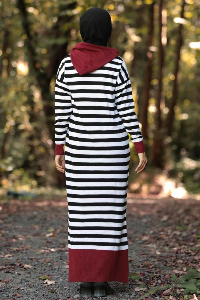 Neva Style - Cep Detaylı Bordo Tesettür Triko Elbise 10490BR - 2