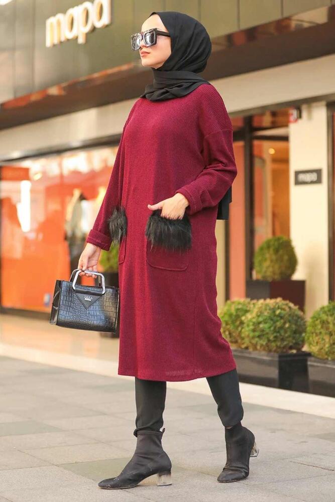 Neva Style - Cep Detaylı Bordo Tesettür Triko Tunik 12003BR - 2