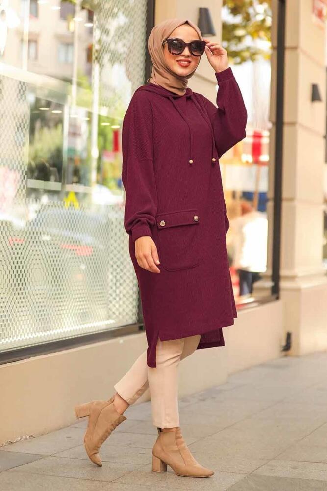 Neva Style - Arkası Uzun Bordo Tesettür Triko Tunik 12023BR - 1