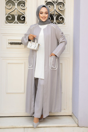  Cep Detaylı Gri Tesettür Kimono Üçlü Takım 80101GR - 2