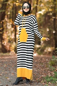 Neva Style - Cep Detaylı Hardal Tesettür Triko Elbise 10490HR - Thumbnail