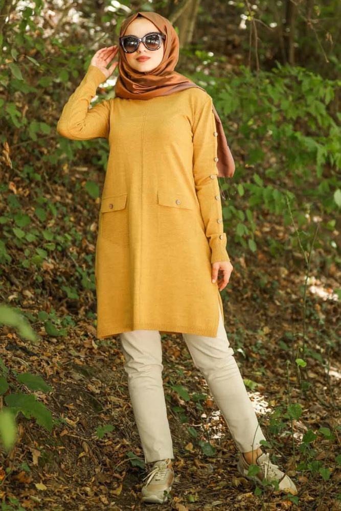 Neva Style - Cep Detaylı Hardal Tesettür Triko Tunik 14607HR - 1