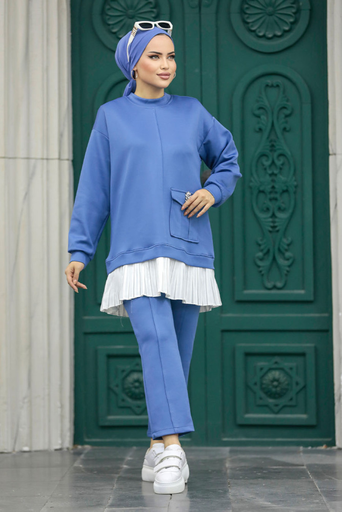 Neva Style - Cep Detaylı İndigo Mavisi Tesettür İkili Takım 7108IM - 2