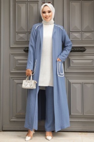 Neva Style - Cep Detaylı İndigo Mavisi Tesettür Kimono Üçlü Takım 80101IM - Thumbnail