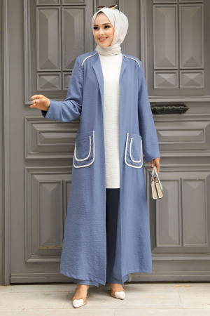  Cep Detaylı İndigo Mavisi Tesettür Kimono Üçlü Takım 80101IM - 1