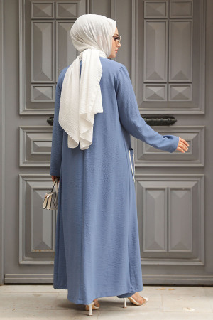  Cep Detaylı İndigo Mavisi Tesettür Kimono Üçlü Takım 80101IM - 4