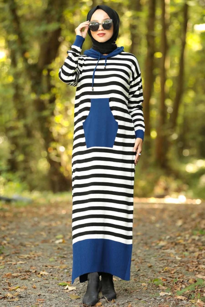 Neva Style - Cep Detaylı İndigo Mavisi Tesettür Triko Elbise 10490IM - 1