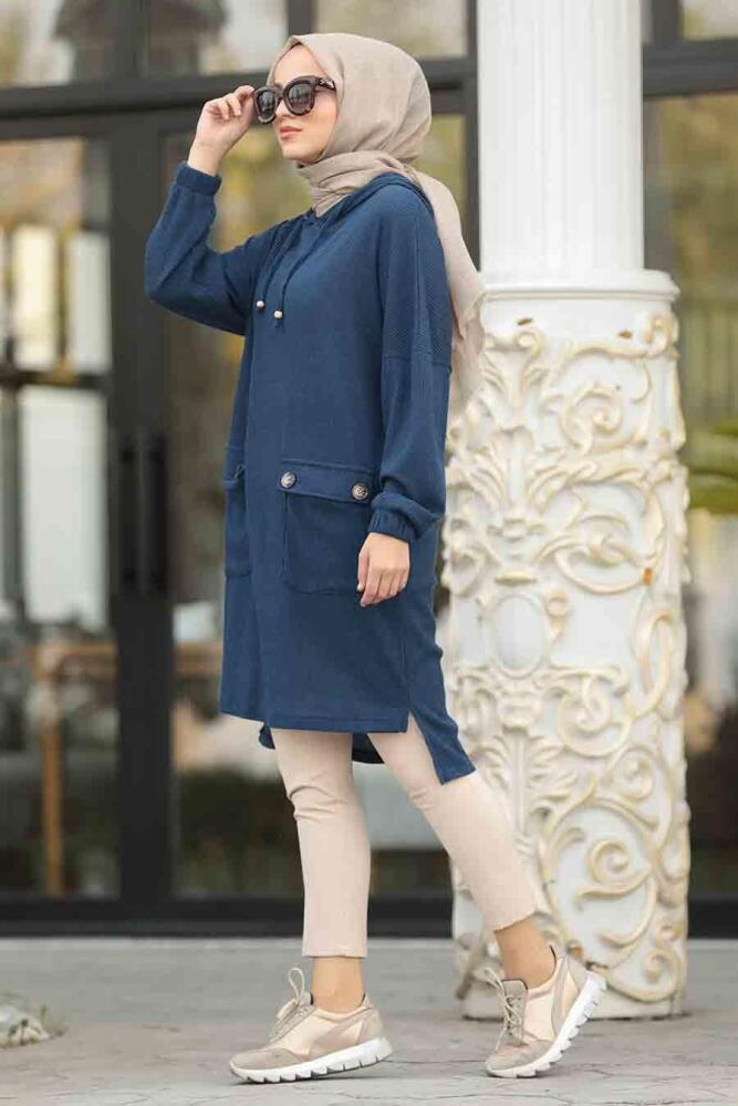 Neva Style - Arkası Uzun İndigo Mavisi Tesettür Triko Tunik 12023IM - 1
