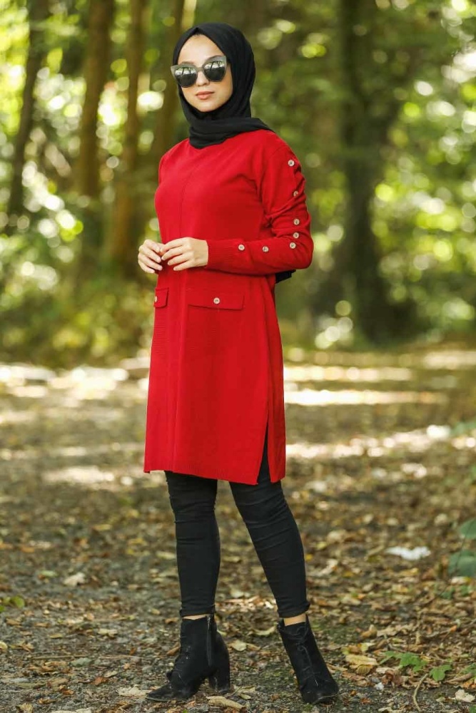 Neva Style - Cep Detaylı Kırmızı Tesettür Triko Tunik 14607K - 1