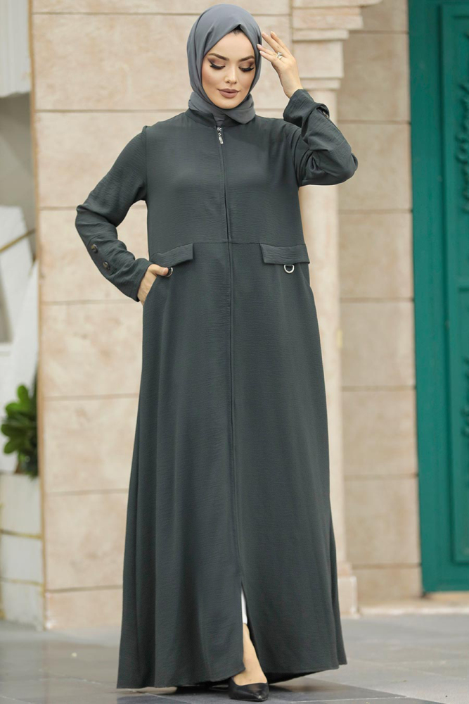 Neva Style - Cep Detaylı Koyu Haki Tesettür Ferace 11058KHK - 2