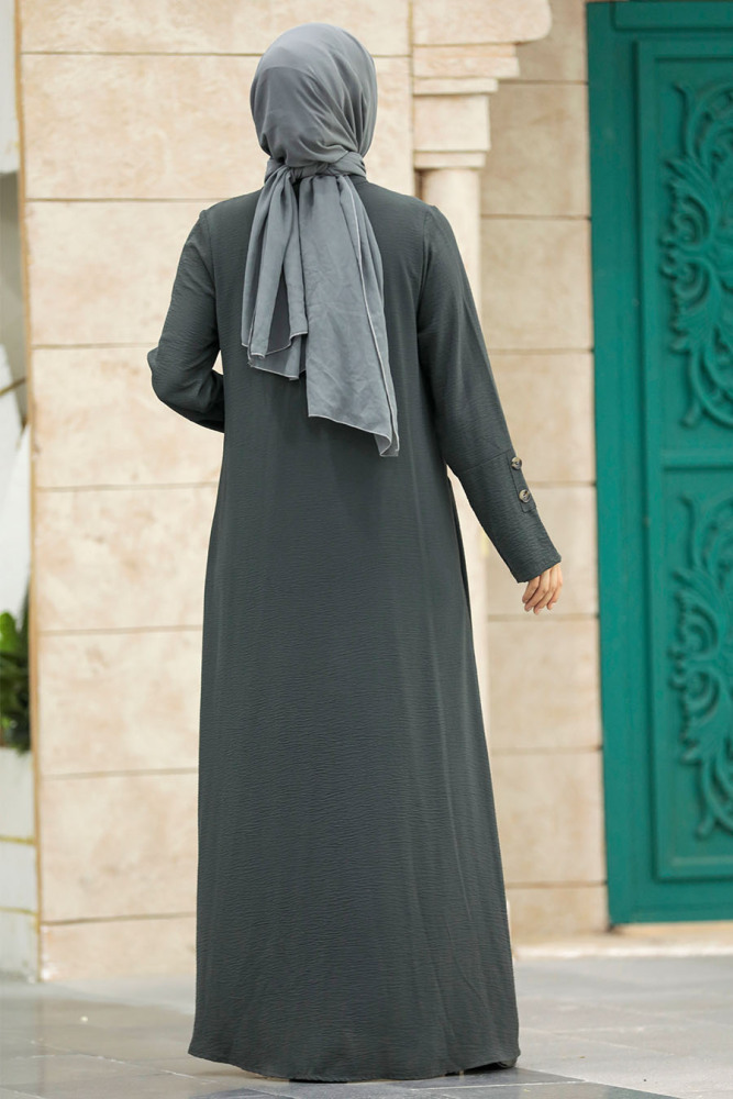 Neva Style - Cep Detaylı Koyu Haki Tesettür Ferace 11058KHK - 3