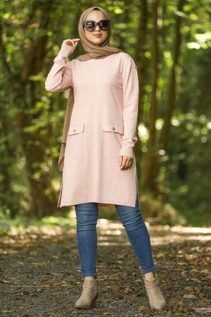 Neva Style - Cep Detaylı Pudra Tesettür Triko Tunik 14607PD - 1