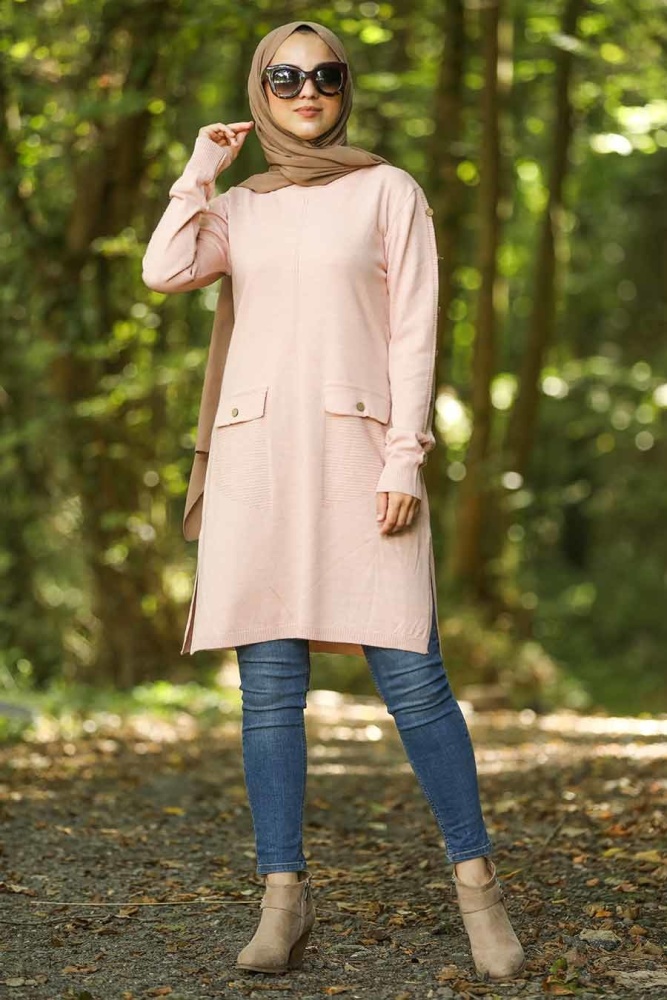Neva Style - Cep Detaylı Pudra Tesettür Triko Tunik 14607PD - 1