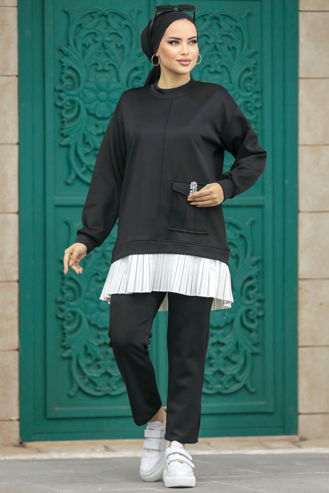 Neva Style - Cep Detaylı Siyah Tesettür İkili Takım 7108S - 2