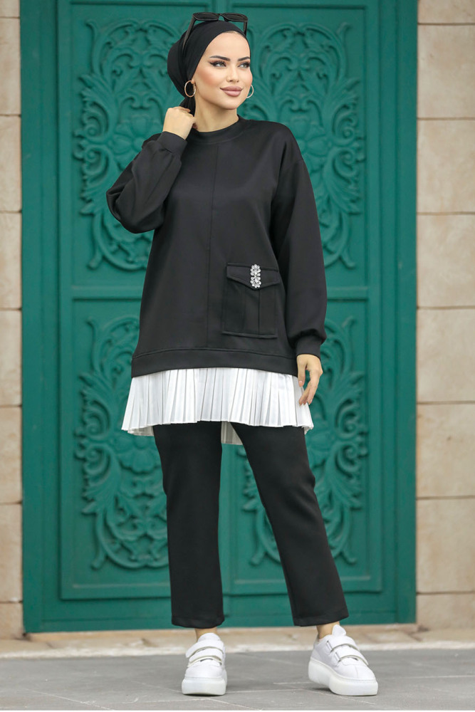 Neva Style - Cep Detaylı Siyah Tesettür İkili Takım 7108S - 1