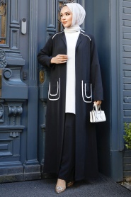Neva Style - Cep Detaylı Siyah Tesettür Kimono Üçlü Takım 80101S - Thumbnail