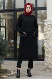 Neva Style - Cep Detaylı Siyah Tesettür Triko Tunik 12003S - Thumbnail