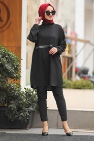 Neva Style - Cep Detaylı Siyah Tesettür Tunik 12154S - Thumbnail