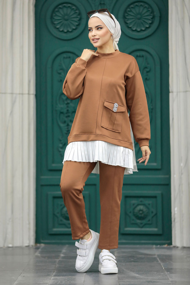 Neva Style - Cep Detaylı Taba Tesettür İkili Takım 7108TB - 1