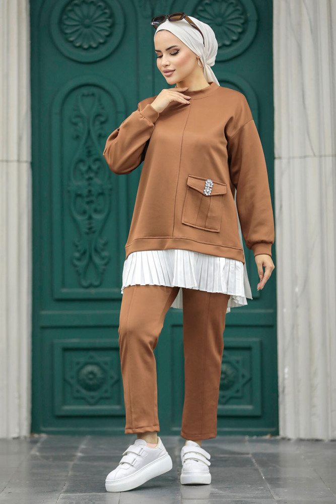 Neva Style - Cep Detaylı Taba Tesettür İkili Takım 7108TB - 2