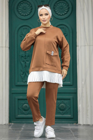 Neva Style - Cep Detaylı Taba Tesettür İkili Takım 7108TB - 3
