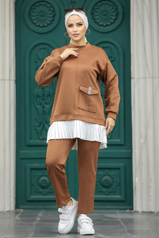 Neva Style - Cep Detaylı Taba Tesettür İkili Takım 7108TB - 3