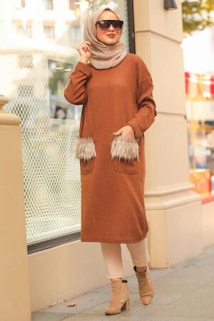 Neva Style - Cep Detaylı Taba Tesettür Triko Tunik 12003TB - 1