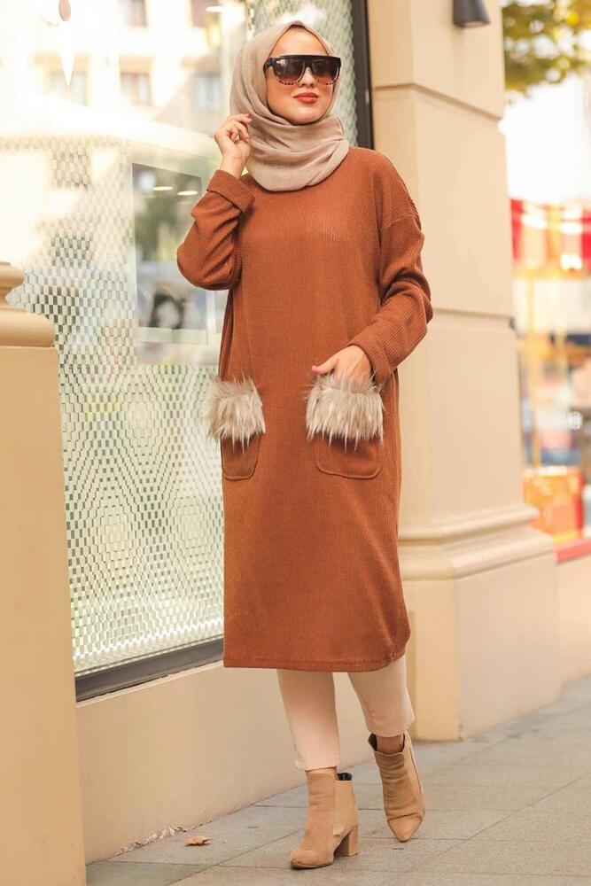 Neva Style - Cep Detaylı Taba Tesettür Triko Tunik 12003TB - 1