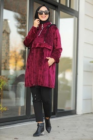 Neva Style - Cep Detaylı Vişne Tesettür Kadife Sweatshirt & Tunik 41480VSN - Thumbnail
