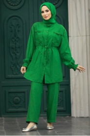 Neva Style - Cep Detaylı Yeşil Tesettür İkili Takım 5899Y - Thumbnail