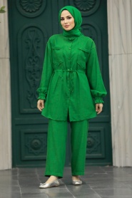 Neva Style - Cep Detaylı Yeşil Tesettür İkili Takım 5899Y - Thumbnail