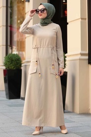 Neva Style - Cepli Bej Tesettür Elbise 4278BEJ - Thumbnail