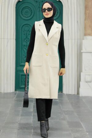 Neva Style - Cepli Bej Tesettür Kaşe Yelek 5824BEJ - Thumbnail