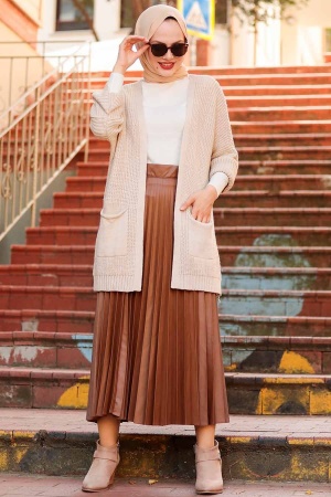  Cepli Bej Tesettür Triko Hırka 7904BEJ - NEVA STYLE