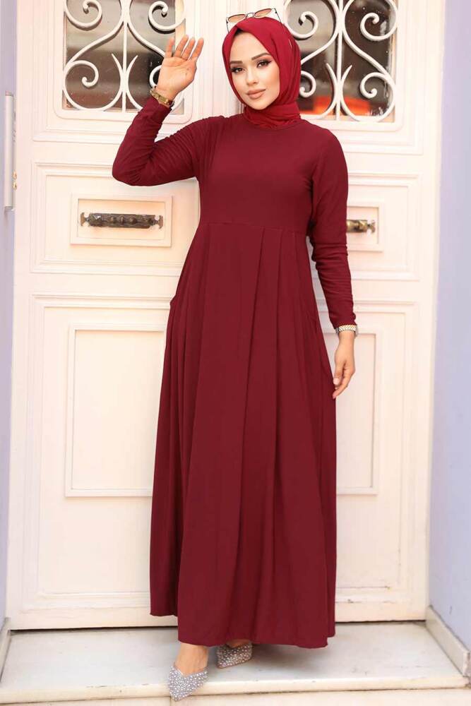 Neva Style - Cepli Bordo Tesettür Elbise 18130BR - 1