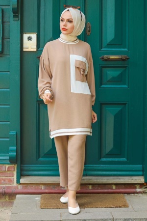  Cepli Detaylı Camel Tesettür İkili Takım 40130C - 1