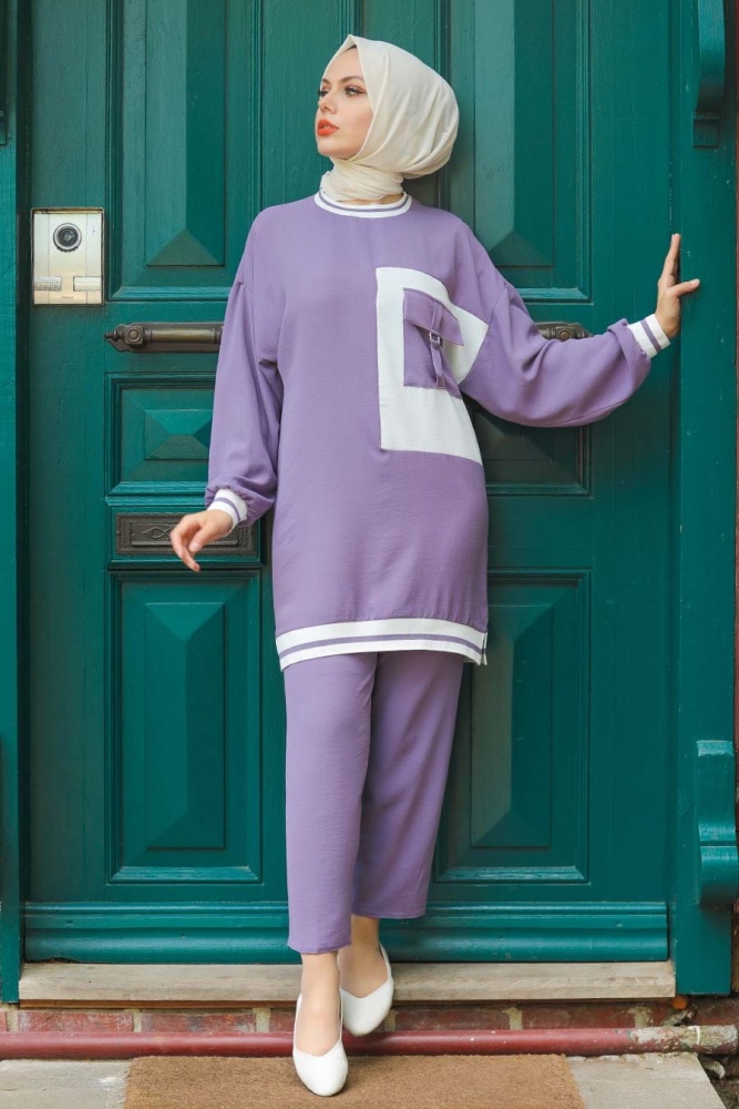 Neva Style - Cepli Detaylı Lila Tesettür İkili Takım 40130LILA - 1