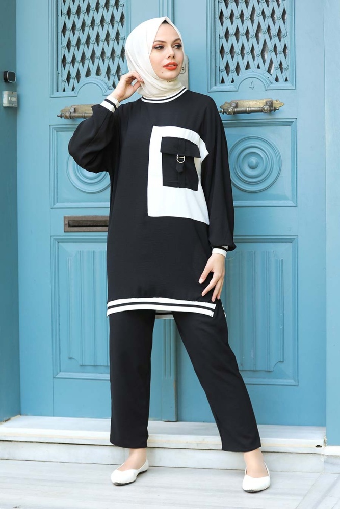 Neva Style - Cepli Detaylı Siyah Tesettür İkili Takım 40130S - 1