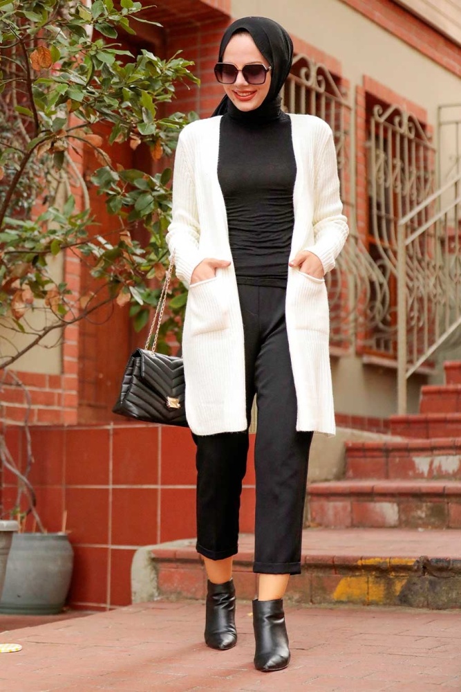  Cepli Ekru Tesettür Triko Hırka 20089E - NEVA STYLE