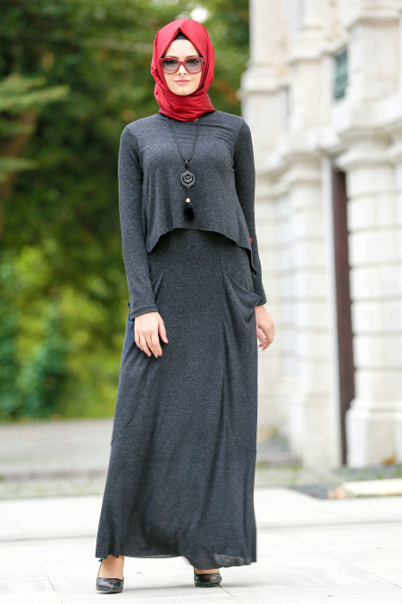 Neva Style - Cepli Füme Tesettür Elbise 31050FU