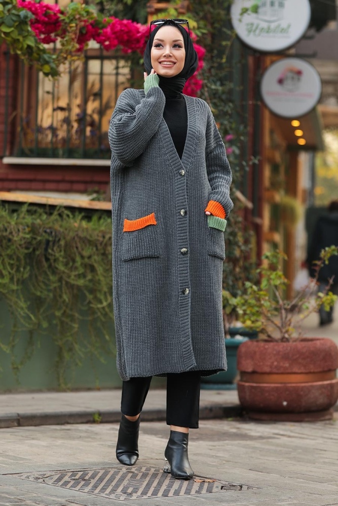  Cepli Füme Tesettür Triko Hırka 20103FU - 1