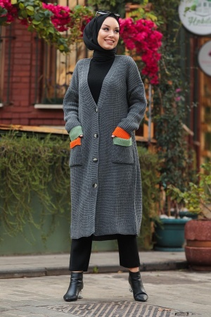  Cepli Füme Tesettür Triko Hırka 20103FU - 2