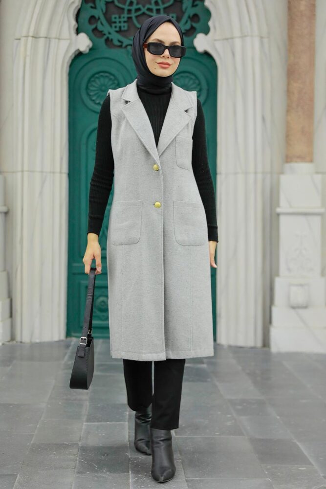 Neva Style - Cepli Gri Tesettür Kaşe Yelek 5824GR - 2